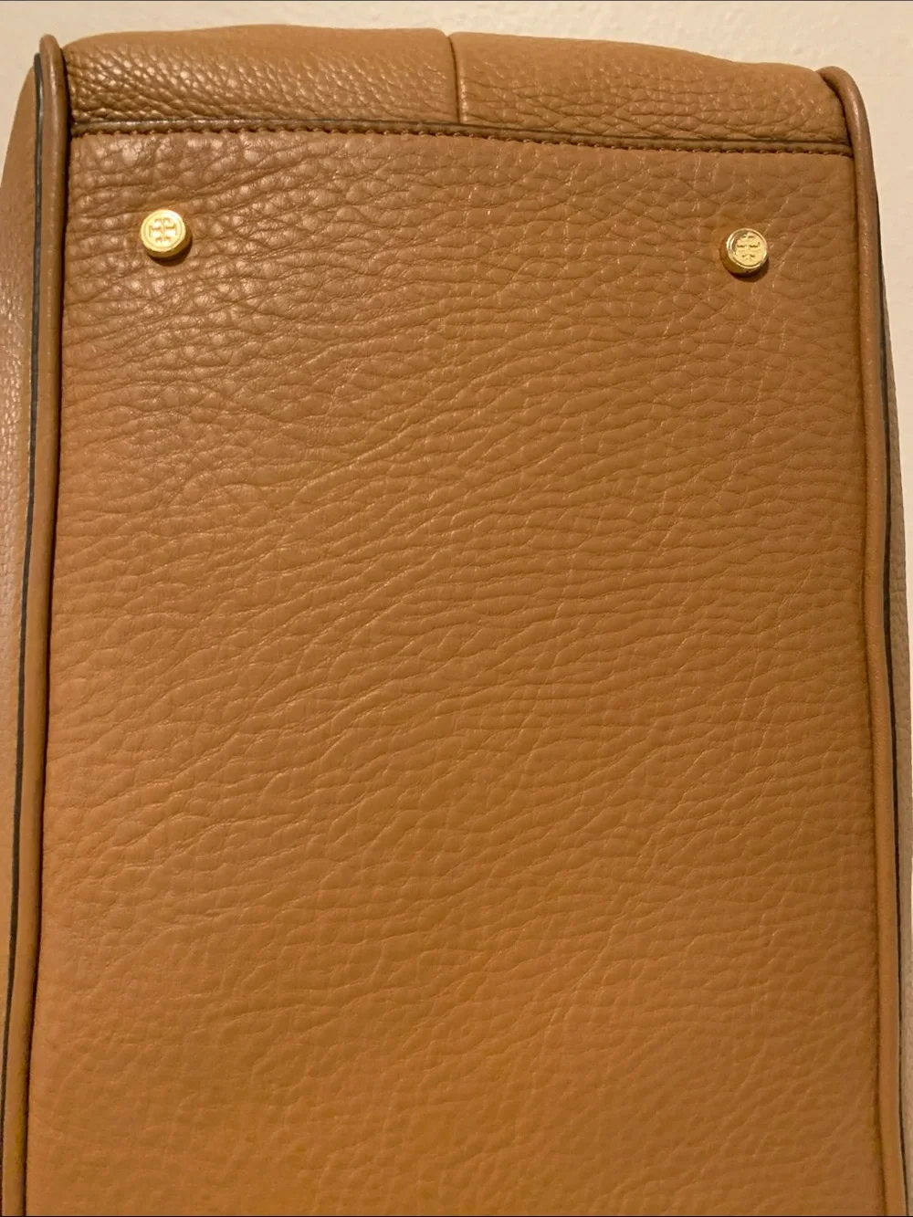 Tory Burch Robinson Camel Brown Pebbled Leather Satchel with Gold Logo